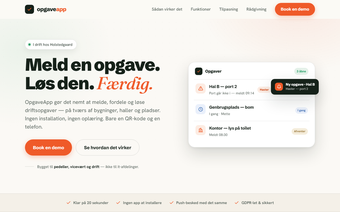 OpgaveApp — forside: meld og løs driftsopgaver